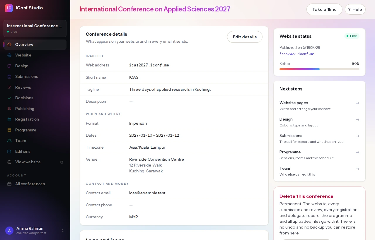 A conference settings screen showing its details, a card of module switches, and its publishing status.
