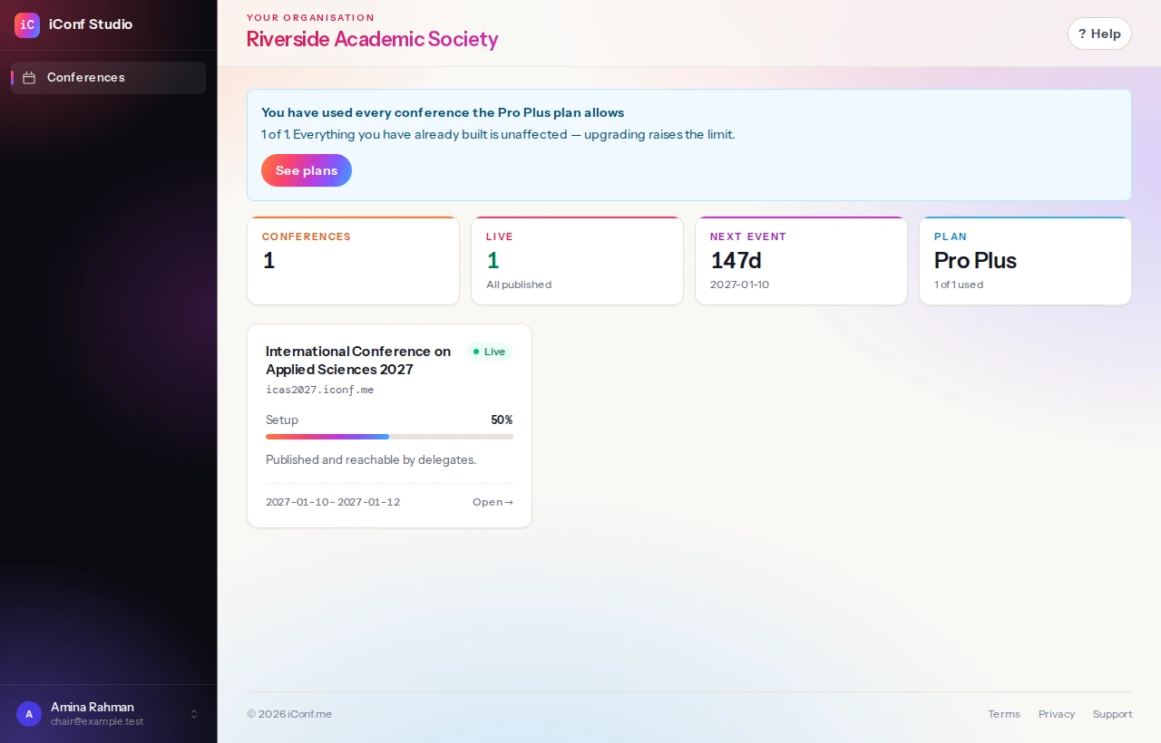 Every conference on the account, each with its dates, whether it is live, and how much of its setup is finished.