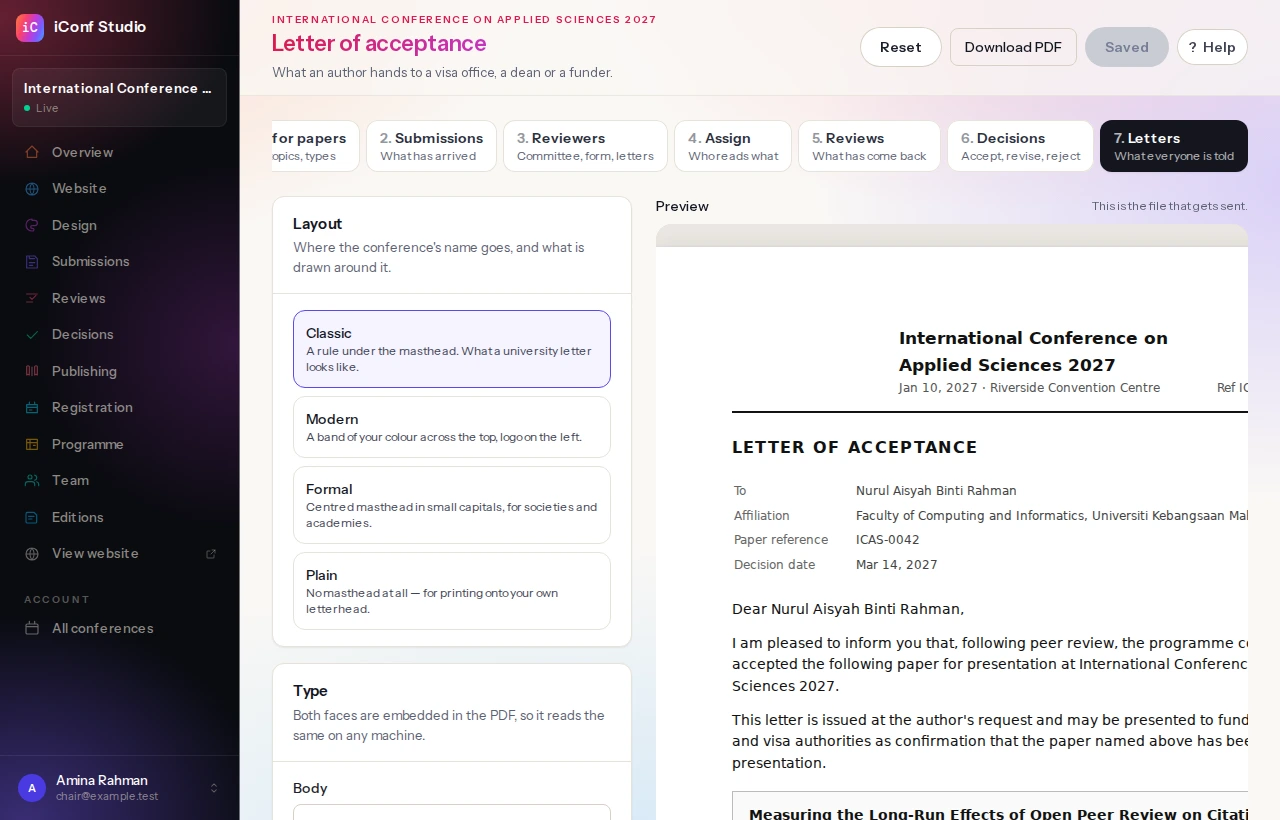 The document designer: layout, typeface, colour and margin controls on the left, with the letter of acceptance drawn beside them at the size of a sheet of paper.