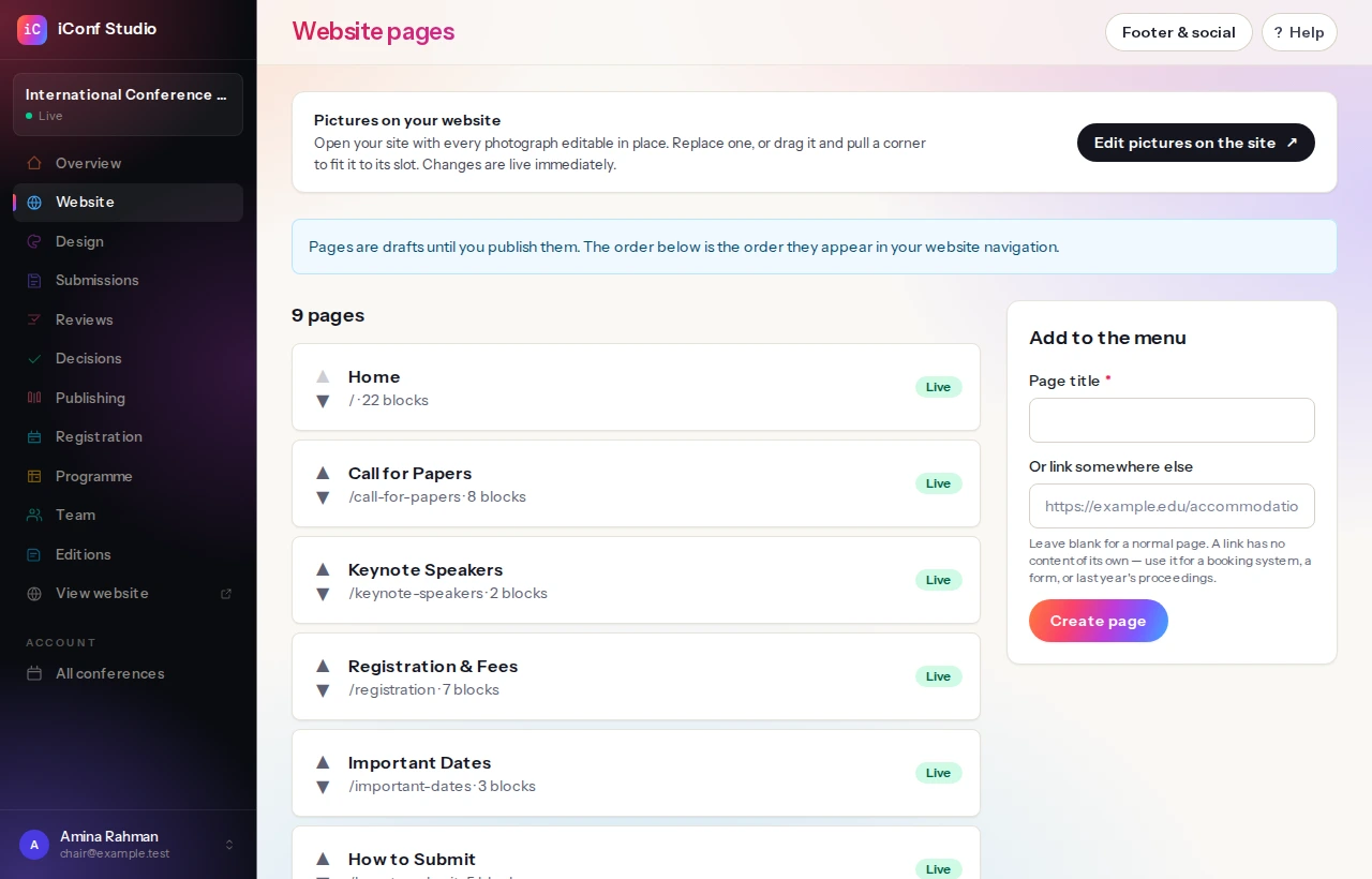 The website pages screen: a reorderable list of pages with their status, and a panel for adding a page or a link.