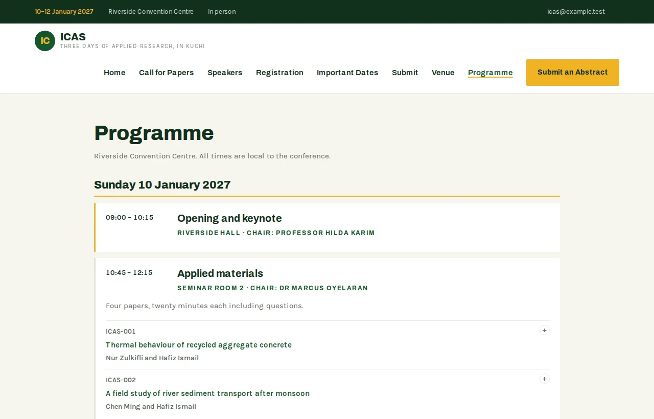 The published programme on the conference website, listing each day's sessions with times, rooms, chairs and the papers in them.