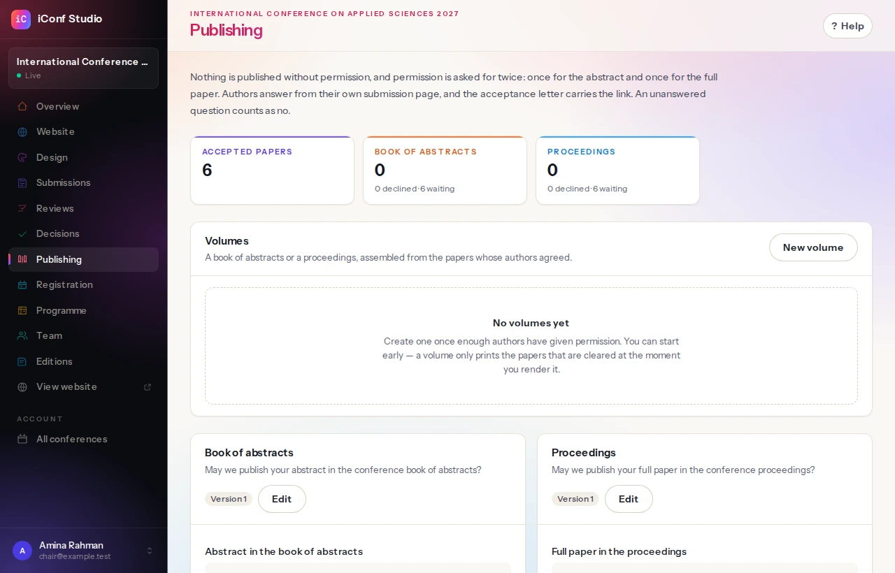 The publishing screen: licences for abstracts and papers, who has answered, and the publication sets built from them.