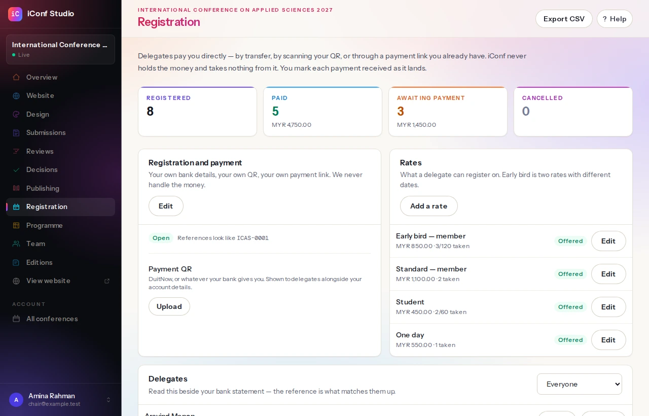 The registration screen listing delegates, the rate each paid, and whether payment has been recorded.