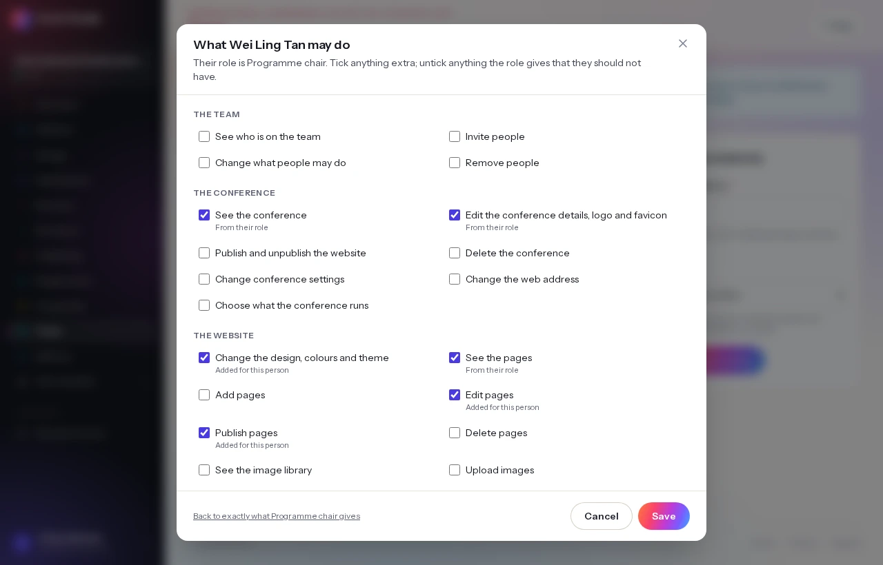 A dialogue listing every permission grouped by the part of the job, with the ones this person’s role gives already ticked and the extra ones added for them marked as such.