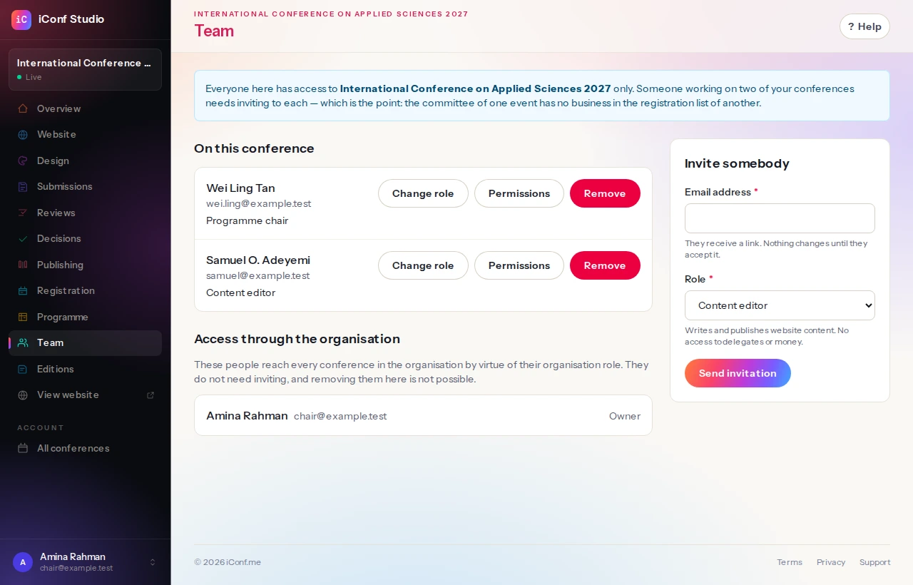 The team screen: each person with their role, the people who reach the conference through the organisation, and any invitations still waiting.