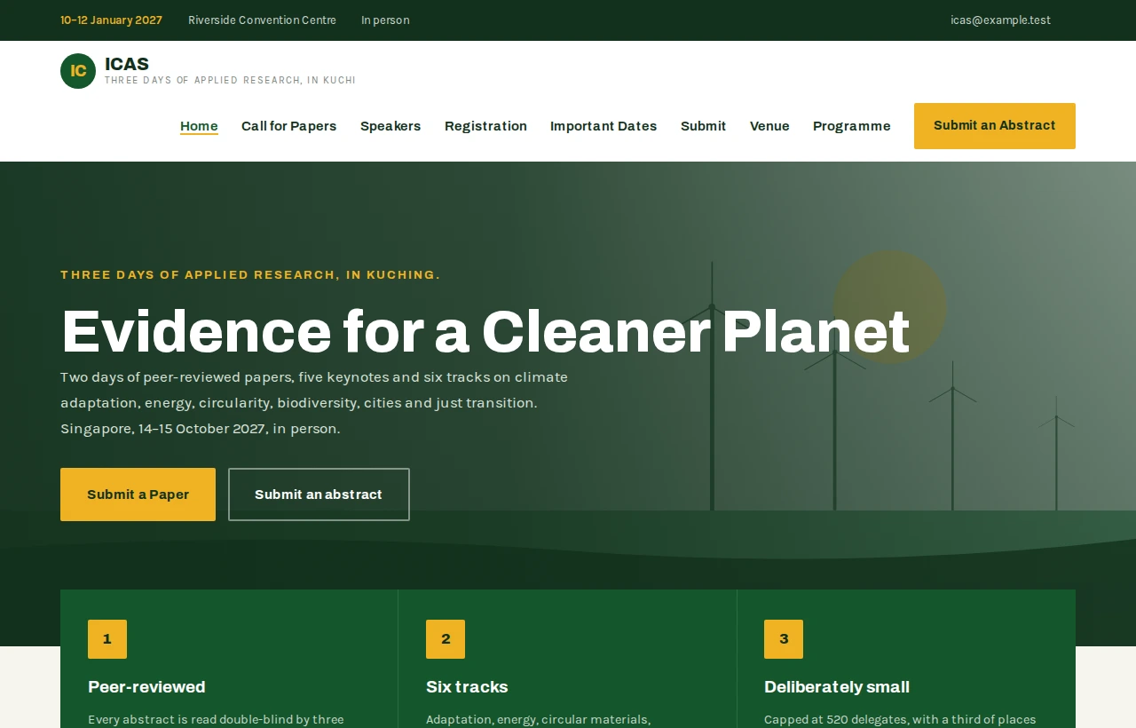 A published conference website: the conference name, its dates and venue, a full menu, and the opening block over a photograph.
